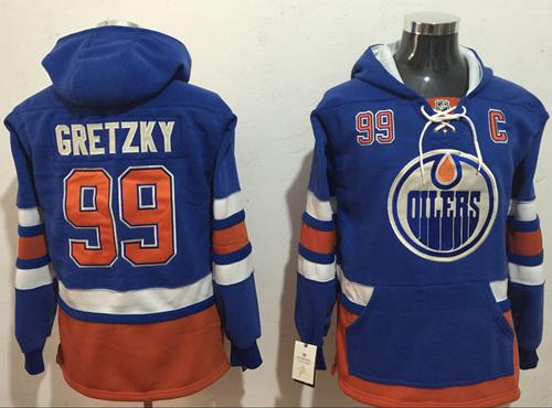 Oilers #99 Wayne Gretzky Light Blue Name & Number Pullover NHL Hoodie - Click Image to Close